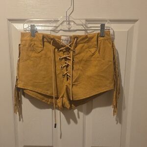Forever 21 Mustard Lace-Up Fringe Shorts